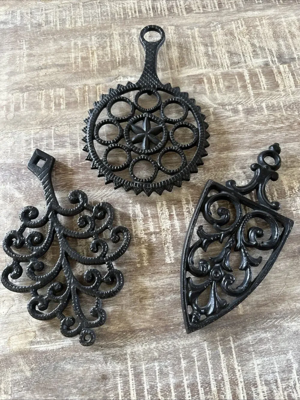 3 Vtg Cast Iron Trivets T-3 Family Tree, T-12 Cathedral, T-9 Hex